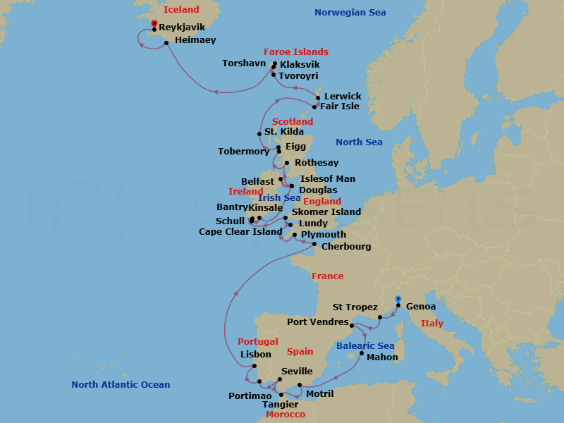 34 Night - Riviera Icons, Isles of the United Kingdom & Iceland - Seabourn Pursuit - Starting in Genoa, Italy, St Tropez, France, Port-Vendres, France, Mahon, Menorca, Spain, Motril (Granada), Spain, Tangier, Morocco, Seville, Spain, Portimao, Portugal, Lisbon, Portugal, Cherbourg (Normandy), France, Plymouth, England, United Kingdom, Lundy Island, United Kingdom, Skomer Island, Wales, United Kingdom, Bantry, Ireland, Schull, Ireland, Cape Clear Island, Ireland, Kinsale, Ireland, Calf of Man, Isle of Man, Belfast, Northern Ireland, United Kingdom, Calf of Man, Isle of Man, Douglas, Isle of Man, Rothesay, Isle of Bute, Scotland, United Kingdom, Tobermory, Island of Mull, Scotland, United Kingdom, Isle of Eigg, Scotland, UK, Am Baile, St Kilda, Scotland, United Kingdom, Fair Isle, Shetland Islands, Scotland, UK, Lerwick, Shetland Islands, United Kingdom, Isle of Noss, Shetland Islands, Scotland, United Kingdom, Tvoroyri, Faroe Islands, Torshavn, Faroe Islands, Klaksvik, Faroe Islands, Outer Islands of Heimaey, Heimaey, Westman Islands, Iceland, Reykjavik, Iceland itinerary map
