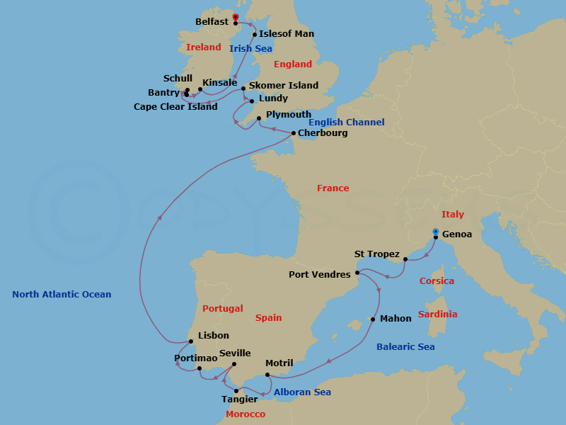 22 Night - Riviera Icons, Wild British Isles & Irish Shores - Seabourn Pursuit - Starting in Genoa, Italy, St Tropez, France, Port-Vendres, France, Mahon, Menorca, Spain, Motril (Granada), Spain, Tangier, Morocco, Seville, Spain, Portimao, Portugal, Lisbon, Portugal, Cherbourg (Normandy), France, Plymouth, England, United Kingdom, Lundy Island, United Kingdom, Skomer Island, Wales, United Kingdom, Bantry, Ireland, Schull, Ireland, Cape Clear Island, Ireland, Kinsale, Ireland, Calf of Man, Isle of Man, Belfast, Northern Ireland, United Kingdom itinerary map