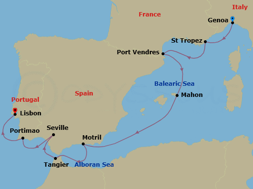 10 Night - Riviera Icons & Moorish Andalusia - Seabourn Pursuit - Starting in Genoa, Italy, St Tropez, France, Port-Vendres, France, Mahon, Menorca, Spain, Motril (Granada), Spain, Tangier, Morocco, Seville, Spain, Portimao, Portugal, Lisbon, Portugal itinerary map