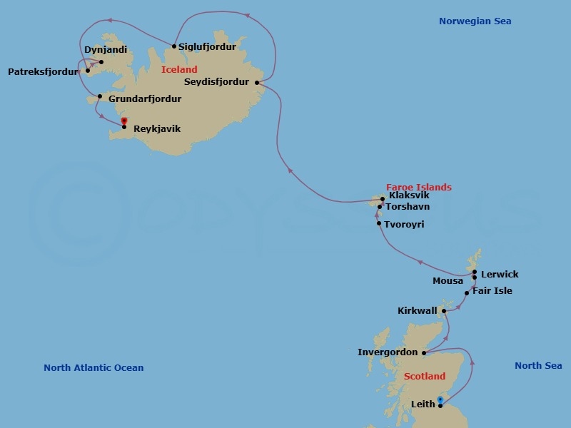 14 Night - Wild Scottish Isles, Faroe Islands & Iceland - Seabourn Venture - Starting in Leith (Edinburgh), Scotland, United Kingdom, Invergordon (Inverness), Scotland, United Kingdom, Kirkwall, Scotland, United Kingdom, Fair Isle, Shetland Islands, Scotland, UK, Mousa, Shetland Islands, Scotland, UK, Isle of Noss, Shetland Islands, Scotland, United Kingdom, Lerwick, Shetland Islands, United Kingdom, Tvoroyri, Faroe Islands, Torshavn, Faroe Islands, Klaksvik, Faroe Islands, Seydisfjordur, Iceland, Siglufjordur, Iceland, Patreksfjordur, Iceland, Dynjandi, Iceland, Grundarfjordur, Iceland, Reykjavik, Iceland itinerary map