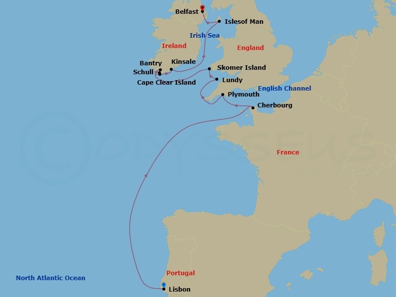 12 Night - Wild British Isles & Irish Shores - Seabourn Venture - Starting in Lisbon, Portugal, Cherbourg (Normandy), France, Plymouth, England, United Kingdom, Lundy Island, United Kingdom, Skomer Island, Wales, United Kingdom, Bantry, Ireland, Schull, Ireland, Cape Clear Island, Ireland, Kinsale, Ireland, Calf of Man, Isle of Man, Belfast, Northern Ireland, United Kingdom itinerary map