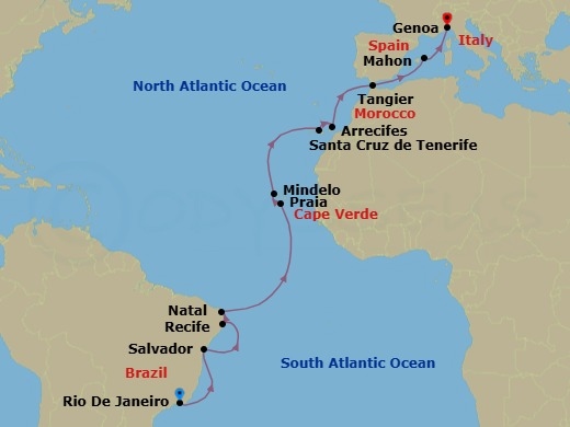 22 Night - Brazil Coast, Cabo Verde & Canary Islands Crossing - Seabourn Pursuit - Starting in Rio De Janeiro, Brazil, Salvador da Bahia, Brazil, Recife, Brazil, Natal, Brazil, Praia, Ilha de Santiago, Cape Verde, Mindelo, Cape Verde, Santa Cruz de Tenerife, Arrecife, Lanzarote, Canary Islands, Spain, Tangier, Morocco, Mahon, Menorca, Spain, Genoa, Italy itinerary map