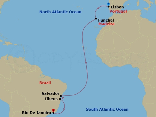 12 Night - Msc Grand Voyages - MSC Musica - Starting in Lisbon (Cascais), Portugal, Funchal (Madeira Islands), Portugal, Salvador, Brazil, Ilheus, Brazil, Rio De Janeiro, Brazil itinerary map