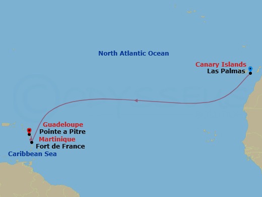 8 Night - Cruise from Las Palmas to Pointe a Pitre - Costa Favolosa - Starting in Las Palmas, Canary Islands, Martinique (Antilles), Guadeloupe (Antilles) itinerary map