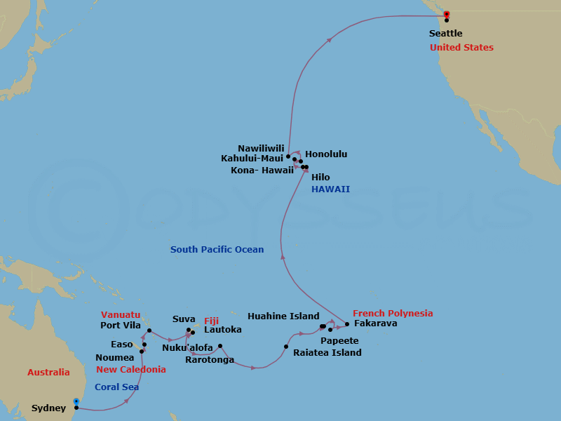 35 Night - Legendary South Pacific Crossing : Tahiti & Honolulu - Westerdam - Starting in Sydney AU, Noumea, New Caledonia, Easo, Lifou, New Caledonia, Port Vila, Vanuatu, Suva, Viti Levu, Fiji, Lautoka, Fiji, Nuku Alofa, Tonga, Cross International Dateline, Rarotonga, Cook Islands, Raiatea, Society Islands, French Polynesia, Huahine, French Polynesia, Bahia d Opunoha, Moorea, French Polynesia, Papeete, French Polynesia, Fakarava, Tuamotu, French Polynesia, Hilo, Hawaii, Kona, Hawaii, Honolulu, Hawaii, Kahului, Maui, Nawiliwili, Kauai, Hawaii, Seattle, Washington itinerary map