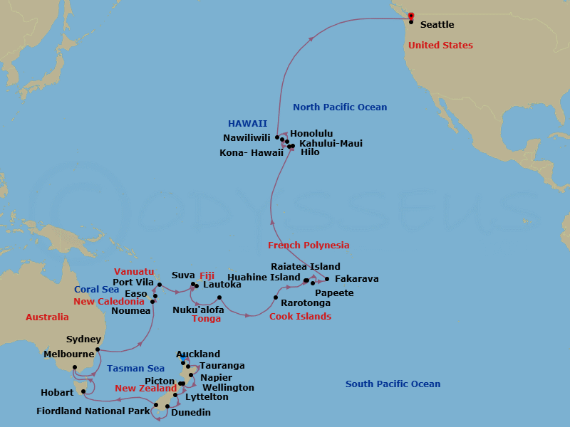 48 Night - Australia, New Zealand & South Pacific Crossing - Westerdam - Starting in Auckland, New Zealand, Tauranga (Rotorua), New Zealand, Napier, New Zealand, Wellington, New Zealand, Picton, New Zealand, Lyttelton (Christchurch), New Zealand, Port Chalmers (Dunedin), New Zealand, Cruising Fiordland Natl Park, Hobart, Tasmania, Australia, Melbourne, Australia, Sydney AU, Noumea, New Caledonia, Easo, Lifou, New Caledonia, Port Vila, Vanuatu, Suva, Viti Levu, Fiji, Lautoka, Fiji, Nuku Alofa, Tonga, Cross International Dateline, Rarotonga, Cook Islands, Raiatea, Society Islands, French Polynesia, Huahine, French Polynesia, Bahia d Opunoha, Moorea, French Polynesia, Papeete, French Polynesia, Fakarava, Tuamotu, French Polynesia, Hilo, Hawaii, Kona, Hawaii, Honolulu, Hawaii, Kahului, Maui, Nawiliwili, Kauai, Hawaii, Seattle, Washington itinerary map