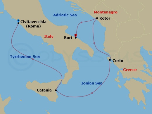 4 Night - Mediterranean - MSC Orchestra - Starting in Civitavecchia (Rome), Italy, Catania, Italy, Corfu, Greece, Kotor, Montenegro, Bari, Italy itinerary map