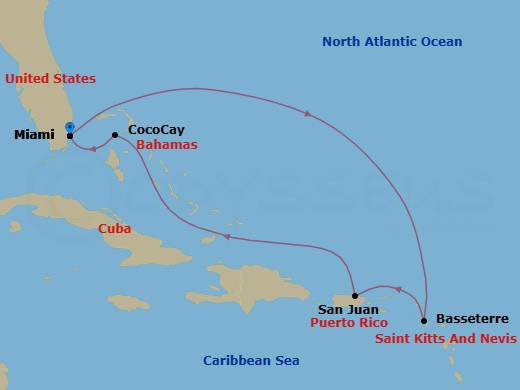 7 Night - San Juan, St Kitts & Puerto Plata - Celebrity Beyond - Starting in Miami, Florida, Basseterre, St Kitts and Nevis, San Juan, Puerto Rico, Perfect Day Cococay, Bahamas, Miami, Florida itinerary map