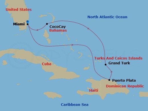 6 Night - Perfect Day Cococay & Grand Turk - Celebrity Beyond - Starting in Miami, Florida, Puerto Plata, Dominican Republic, Grand Turk, Turks and Caicos, Perfect Day Cococay, Bahamas, Miami, Florida itinerary map