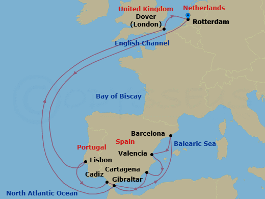 15 Night - Western Mediterranean : Lisbon Overnight - Nieuw Statendam - Starting in Rotterdam, the Netherlands, Lisbon, Portugal, Cadiz (Seville), Spain, Barcelona, Spain, Valencia, Spain, Cartagena ES, Gibraltar, Dover UK (London), England, Rotterdam, the Netherlands itinerary map