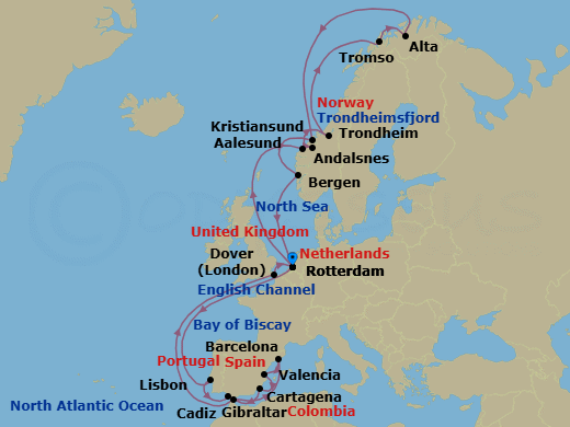 29 Night - Northern Lights & Western Mediterranean : Lisbon - Nieuw Statendam - Starting in Rotterdam, the Netherlands, Alesund, Norway, Andalsnes, Norway, Trondheim, Norway, Scenic Cruising Trondheimsfjord, Crossing the Arctic Circle, Tromso, Norway, Alta, Norway, Crossing the Arctic Circle, Kristiansund, Norway, Bergen, Norway, Rotterdam, the Netherlands, Lisbon, Portugal, Cadiz (Seville), Spain, Barcelona, Spain, Valencia, Spain, Cartagena ES, Gibraltar, Dover UK (London), England, Rotterdam, the Netherlands itinerary map
