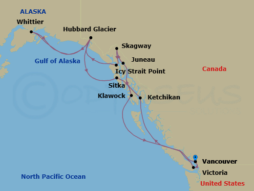 14 Night - Explore the Frontier - Seven Seas Explorer - Starting in Vancouver, Cruising the Inside Passage, Ketchikan, Juneau, Skagway, Icy Strait Point, Cruising Hubbard Glacier, Anchorage (Whittier), Cruising Hubbard Glacier, Sitka, Cruising Holkham Bay Glacier Fjords, Klawock, Cruising the Outside Passage, Victoria CA, Vancouver itinerary map