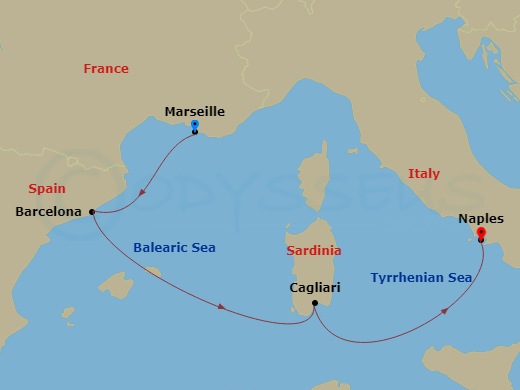 4 Night - Western Mediterranean from Marseille - Costa Toscana - Starting in Marseille, Barcelona, Cagliari, Napoli itinerary map