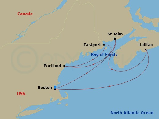 9 Night - Boston Hampton Inn Pre Cruisetour Package - Norwegian Breakaway Tours - Starting in At Hotel, Boston, Ma, Eastport, ME, Portland ME, Saint John NB (Bay of Fundy), Halifax, Canada, Boston, Ma itinerary map