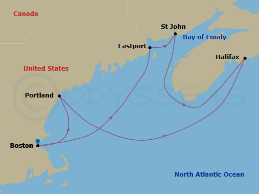 9 Night - Boston Hampton Inn Pre Cruisetour Package - Norwegian Breakaway Tours - Starting in At Hotel, Boston, Ma, Eastport, ME, Saint John NB (Bay of Fundy), Halifax, Canada, Portland ME, Boston, Ma itinerary map
