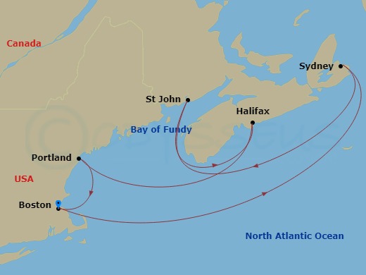 9 Night - Boston Hampton Inn Pre Cruisetour Package - Norwegian Breakaway Tours - Starting in At Hotel, Boston, Ma, Portland ME, Saint John NB (Bay of Fundy), Sydney NS, Cape Breton Island, Canada, Halifax, Canada, Boston, Ma itinerary map
