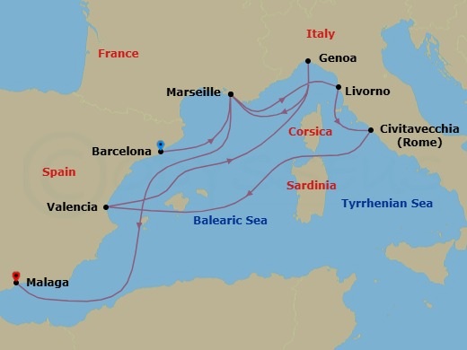 10 Night - Mediterranean - MSC Sinfonia - Starting in Barcelona, Spain, Marseille (Provence), France, Livorno (Florence), Italy, Civitavecchia (Rome), Italy, Valencia, Spain, Genoa (Portofino), Italy, Marseille (Provence), France, Malaga (Granada), Spain itinerary map