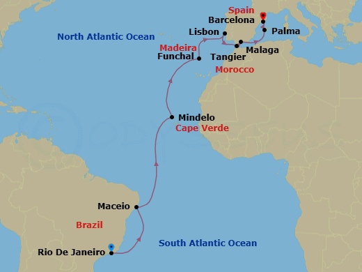 20 Night - Msc Grand Voyages - MSC Seaview - Starting in Rio De Janeiro, Brazil, Maceio, Brazil, Mindelo, Cape Verde, Funchal (Madeira Islands), Portugal, Lisbon (Cascais), Portugal, Tangier (Tetouan), Morocco, Malaga (Granada), Spain, Palma De Mallorca (Baleari Is), Spain, Barcelona, Spain itinerary map