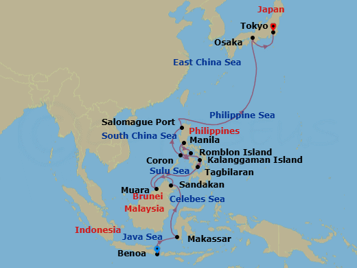 24 Night - Cruise from Bali Denpasar (Benoa) to Tokyo - Silver Whisper - Starting in Benoa, Makassar, Sandakan, Muara, Bohol, Kalanggaman private island, Manila, Romblon Island, Coron, Vigan, Osaka, Tokyo itinerary map