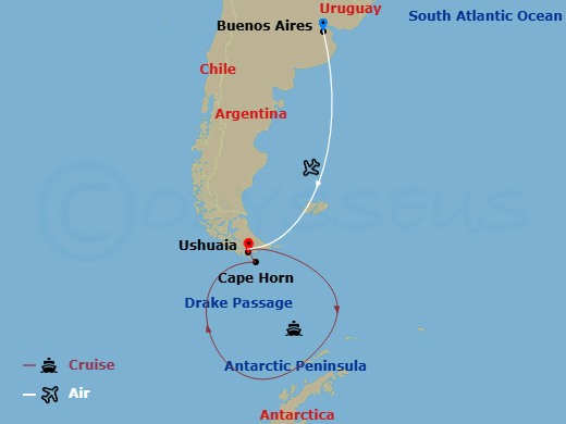 14 Night - Into the Antarctic Circle - Viking Polaris Tours - Starting in Buenos Aires, Ushuaia, Sail the Drake Passage, Antarctica, Crossing the Antarctic Circle, Antarctica, Sail the Drake Passage, Scenic Sailing : Cape Horn, Ushuaia itinerary map