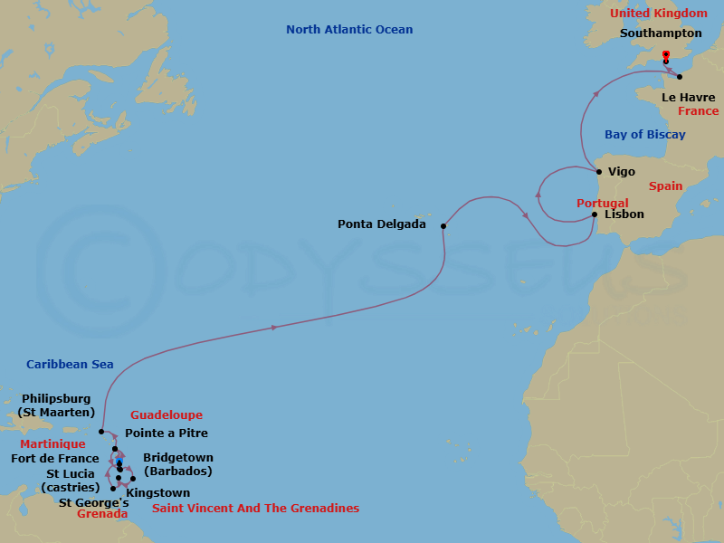 23 Night - Msc Grand Voyages - MSC Meraviglia - Starting in Fort-de-France, Martinique, Pointe-A-Pitre, Guadeloupe, Port Castries, Saint Lucia, Bridgetown, Barbados, Kingstown, St Vincent and the Grenadines, Saint Georges, Granada, Fort-de-France, Martinique, Pointe-A-Pitre, Guadeloupe, Philipsburg, St Maarten, Ponta Delgada (Azores), Portugal, Lisbon (Cascais), Portugal, Vigo (Santiago De Compostela), Spain, Le Havre (Paris), France, Southampton (London), United Kingdom itinerary map