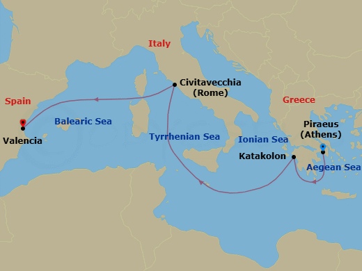 5 Night - Mediterranean - MSC Sinfonia - Starting in Piraeus (Athens), Greece, Katakolon (Olympia), Greece, Civitavecchia (Rome), Italy, Valencia, Spain itinerary map