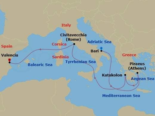 7 Night - Mediterranean - MSC Sinfonia - Starting in Bari, Italy, Piraeus (Athens), Greece, Katakolon (Olympia), Greece, Civitavecchia (Rome), Italy, Valencia, Spain itinerary map