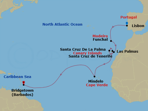 14 Night - Lisbon to Bridgetown - Silver Ray - Starting in Lisbon, Funchal, Madeira, Las Palmas, Canary Islands, Santa Cruz de La Palma, Santa Cruz de Tenerife, Mindelo, Bridgetown itinerary map