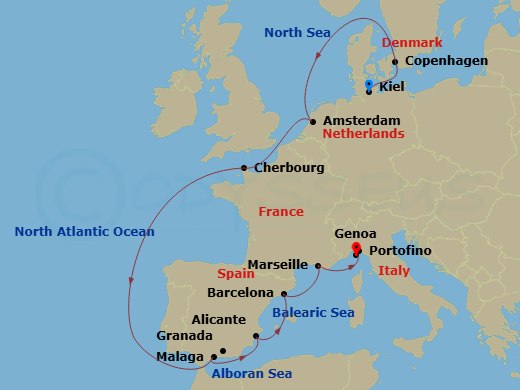 12 Night - Northern Europe - MSC Euribia - Starting in Kiel, Germany, Copenhagen, Denmark, Amsterdam, Netherlands, Cherbourg (Mont Saint-Michel), France, Malaga (Granada), Spain, Alicante, Spain, Barcelona, Spain, Marseille (Provence), France, Genoa (Portofino), Italy itinerary map