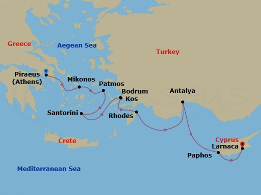 10 Night - A Voyage from Greece to Cyprus - Emerald Kaia - Starting in Athens (Piraeus), Greece, Mykonos, Greece, Patmos, Greece, Santorini, Greece, Kos, Greece, Bodrum, Turkey, Rhodes, Greece, Antalya, Turkey, Paphos, Cyprus, Larnaca, Cyprus itinerary map