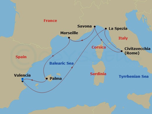 7 Night - Western Mediterranean from Valencia - Costa Pacifica - Starting in Valencia, La Spezia (Florence), Civitavecchia (Rome), Savona, Marseille, Palma De Mallorca, Valencia itinerary map