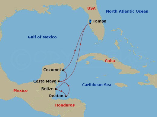 7 Night - Western Caribbean Cruise - Enchantment of the Seas - Starting in Tampa, Florida, Cozumel, Mexico, Belize City, Belize, Roatan, Honduras, Puerto Costa Maya, Mexico, Tampa, Florida itinerary map
