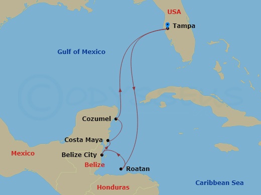 7 Night - Western Caribbean Cruise - Enchantment of the Seas - Starting in Tampa, Florida, Roatan, Honduras, Belize City, Belize, Puerto Costa Maya, Mexico, Cozumel, Mexico, Tampa, Florida itinerary map