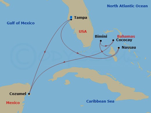 8 Night - Western Caribbean Cruise - Enchantment of the Seas - Starting in Tampa, Florida, Nassau, Bahamas, Bimini, Bahamas, Perfect Day Cococay, Bahamas, Cozumel, Mexico, Tampa, Florida itinerary map