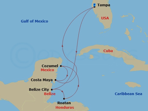7 Night - Western Caribbean Cruise - Enchantment of the Seas - Starting in Tampa, Florida, Belize City, Belize, Roatan, Honduras, Cozumel, Mexico, Puerto Costa Maya, Mexico, Tampa, Florida itinerary map