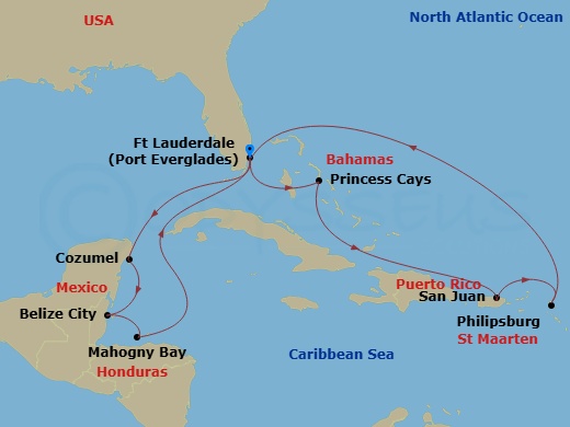 14 Night - Eastern / Western Caribbean Adventurer - Regal Princess - Starting in Fort Lauderdale, Florida, Princess Cays, Bahamas, San Juan, Puerto Rico, St Maarten, Fort Lauderdale, Florida, Cozumel, Mexico, Belize City, Belize, Roatan (Mahogany Bay, Honduras), Fort Lauderdale, Florida itinerary map