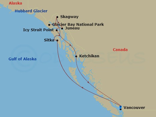 11 Night - Inside Passage (with Glacier Bay National Park) - Emerald Princess - Starting in Vancouver, Canada, Sitka, Alaska, Glacier Bay National Park (Scenic Cruising), Alaska, Skagway, Alaska, Juneau, Alaska, Hubbard Glacier (Scenic Cruising), Alaska, Icy Strait Point, Alaska, Ketchikan, Alaska, Vancouver, Canada itinerary map