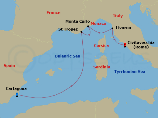 5 Night - A Journey of Historic Beauty & Coastal Discovery - EXPLORA I - Starting in Cartagena ES, Saint-Tropez, Monte Carlo, Livorno (Florence), Civitavecchia (Rome) itinerary map