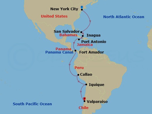 19 Night - Panama Canal & the Americas - Viking Polaris - Starting in New York City, New York, Sail the Atlantic Ocean, San Salvador Island, Man of War Bay (Great Inagua), Port Antonio, Sail the Pacific Ocean, Scenic Sailing Panama Canal, Panama City (Fuerte Amador), Sail the Pacific Ocean, Lima (Callao), Sail the Pacific Ocean, Iquique, Sail the Pacific Ocean, Santiago (Valparaiso) itinerary map