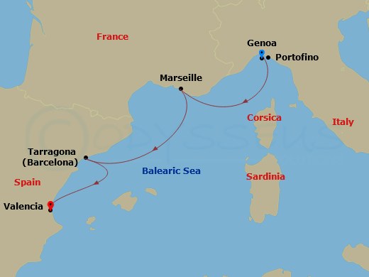 3 Night - Mediterranean - MSC Orchestra - Starting in Genoa (Portofino), Italy, Marseille (Provence), France, Tarragona, Spain, Valencia, Spain itinerary map