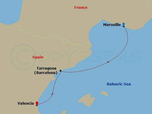 2 Night - Mediterranean - MSC Orchestra - Starting in Marseille (Provence), France, Tarragona, Spain, Valencia, Spain itinerary map