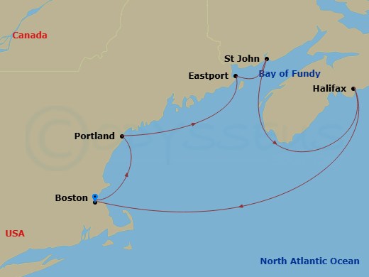 9 Night - Boston Hampton Inn Pre Cruisetour Package - Norwegian Breakaway Tours - Starting in At Hotel, Boston, Ma, Portland ME, Eastport, ME, Saint John NB (Bay of Fundy), Halifax, Canada, Boston, Ma itinerary map