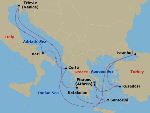 10 Night - Mediterranean - MSC Fantasia - Starting in Piraeus (Athens), Greece, Kusadasi, Turkey, Istanbul, Turkey, Corfu, Greece, Bari, Italy, Trieste (Venice), Italy, Katakolon (Olympia), Greece, Santorini, Greece, Piraeus (Athens), Greece itinerary map