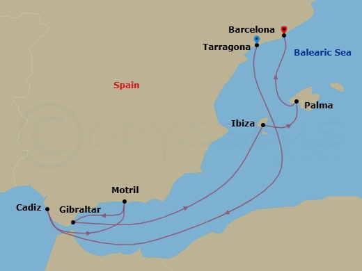 10 Night - Explore Barcelona Pre Cruisetour - Norwegian Dawn Tours - Starting in At Hotel, Barcelona (Tarragona), Spain, Cadiz / Seville, Spain, Motril, Spain, Gibraltar, Ibiza, Spain, Palma Majorca, Spain, Barcelona, Spain itinerary map