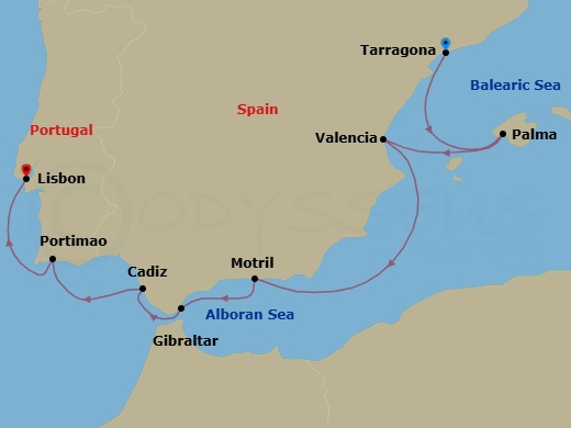 10 Night - Explore Barcelona Pre Cruisetour - Norwegian Dawn Tours - Starting in At Hotel, Barcelona (Tarragona), Spain, Palma Majorca, Spain, Valencia, Spain, Motril, Spain, Gibraltar, Cadiz / Seville, Spain, Portimao, Portugal, Lisbon, Portugal itinerary map