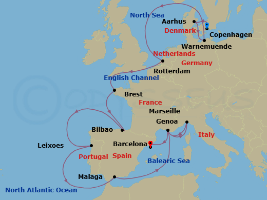 16 Night - Northern Europe - MSC Magnifica - Starting in Copenhagen, Denmark, Aarhus, Denmark, Warnemunde (Berlin), Germany, Rotterdam (Amsterdam), Netherlands, Brest, France, Bilbao, Spain, Leixoes (Porto), Portugal, Malaga (Granada), Spain, Marseille (Provence), France, Genoa (Portofino), Italy, Marseille (Provence), France, Barcelona, Spain itinerary map