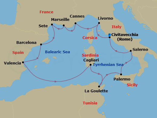 14 Night - Jewels of the Mediterranean - Viking Vela - Starting in Rome (Civitavecchia), Florence / Pisa (Livorno), Cannes, Marseille, Sete, Barcelona, Valencia, Sail the Mediterranean Sea, Sardinia (Cagliari), Tunis (La Goulette), Palermo, Sicily, Salerno, Rome (Civitavecchia) itinerary map