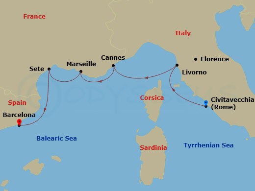 7 Night - Iconic Western Mediterranean - Viking Vela - Starting in Rome (Civitavecchia), Florence / Pisa (Livorno), Cannes, Marseille, Sete, Barcelona itinerary map
