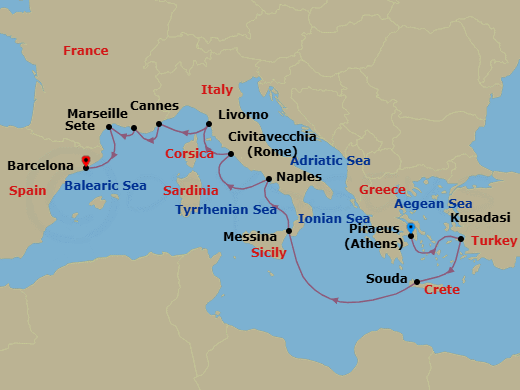 14 Night - Mediterranean Antiquities - Viking Vela - Starting in Athens (Piraeus), Ephesus (Kusadasi), Crete (Souda Bay), Sail the Ionian Sea, Sicily (Messina), Naples, Rome (Civitavecchia), Florence / Pisa (Livorno), Cannes, Marseille, Sete, Barcelona itinerary map