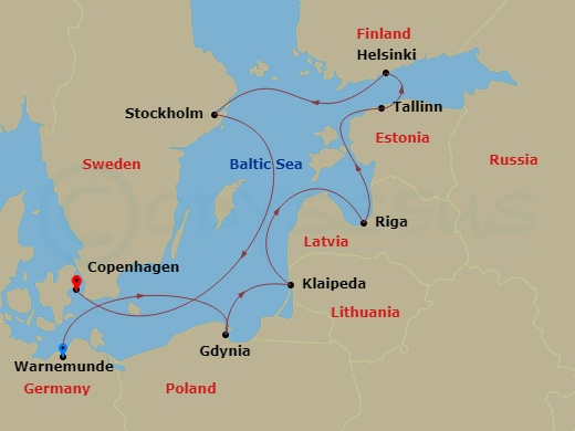 9 Night - Northern Europe - MSC Magnifica - Starting in Warnemunde (Berlin), Germany, Gdynia (Gdansk), Poland, Klaipeda, Lithuania, Riga, Latvia, Tallinn, Estonia, Helsinki, Finland, Stockholm, Sweden, Copenhagen, Denmark itinerary map